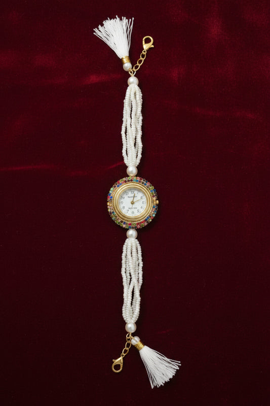 Premium Multi-Strand Pearl Watch with Colorful Stone Bezel