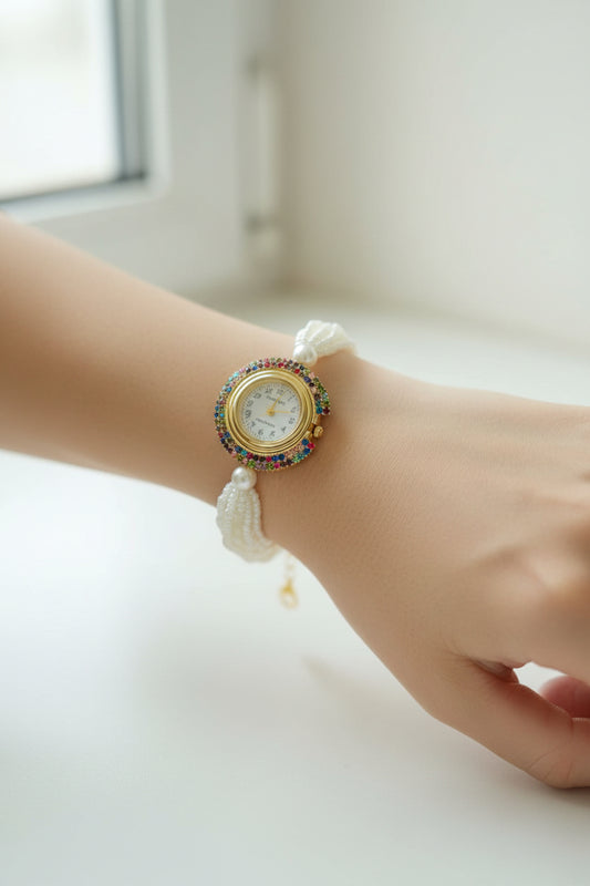 Premium Multi-Strand Pearl Watch with Colorful Stone Bezel